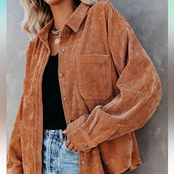 Womens Corduroy Button Down Shacket Casual Long Sleeve Shirt Jacket Oversized - Picture 4 of 5